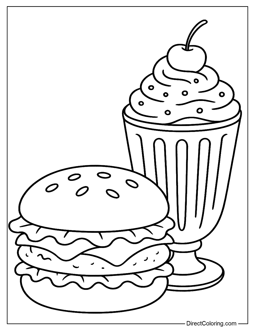 A delicious hamburger coloring page with a tall milkshake topped with whipped cream